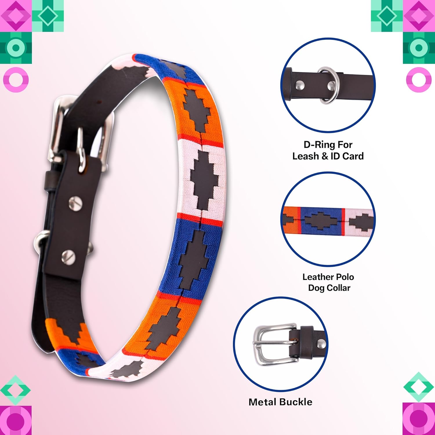 Adil's Multi-Color Leather Polo Dog Collar with Metal Buckle – 1 Inch Wide
